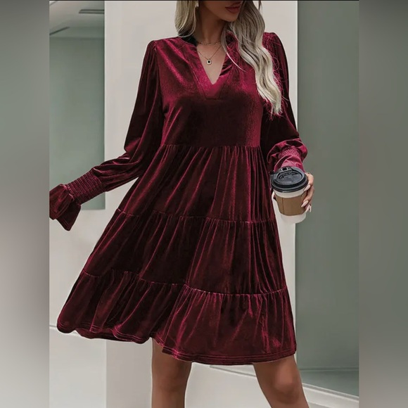 Dresses & Skirts - NWT Velvet Tiered Midi Dress, Burgundy, Long Sleeve V-Neck Swing Dress